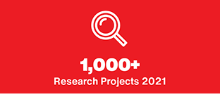 Red and white image with a magnifying glass icon and text: 1000+ Research Programs 2021.