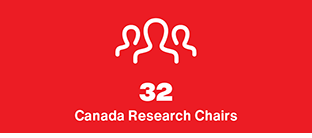Red and white image with an icon of three silhouettes, and text: 32 Canada Research Chairs.