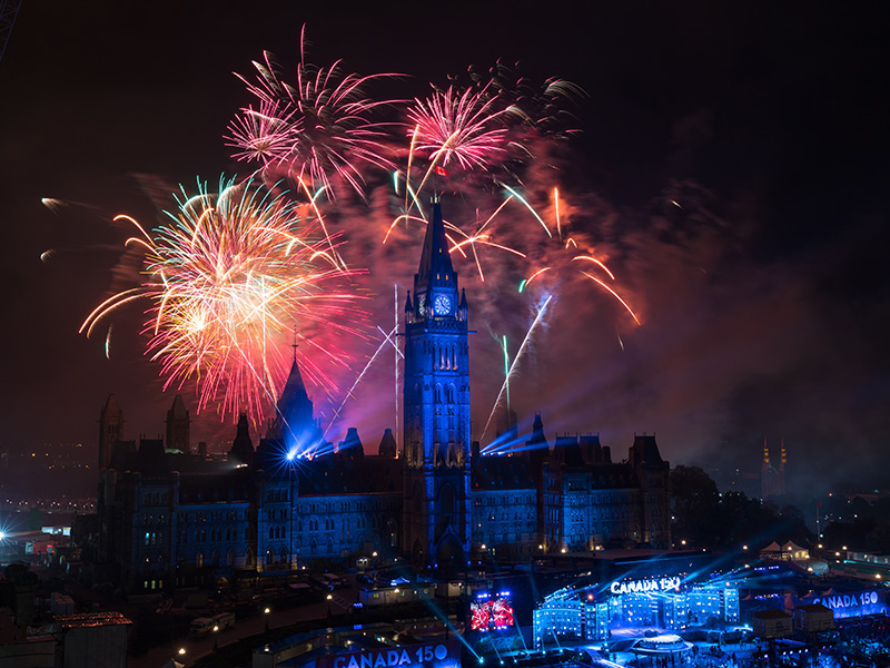 A fireworks display surrounds Parliament Hill in Ottawa on Canada Day