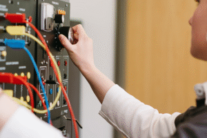 Student standing in front of communication board 