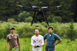 students flying drone outside