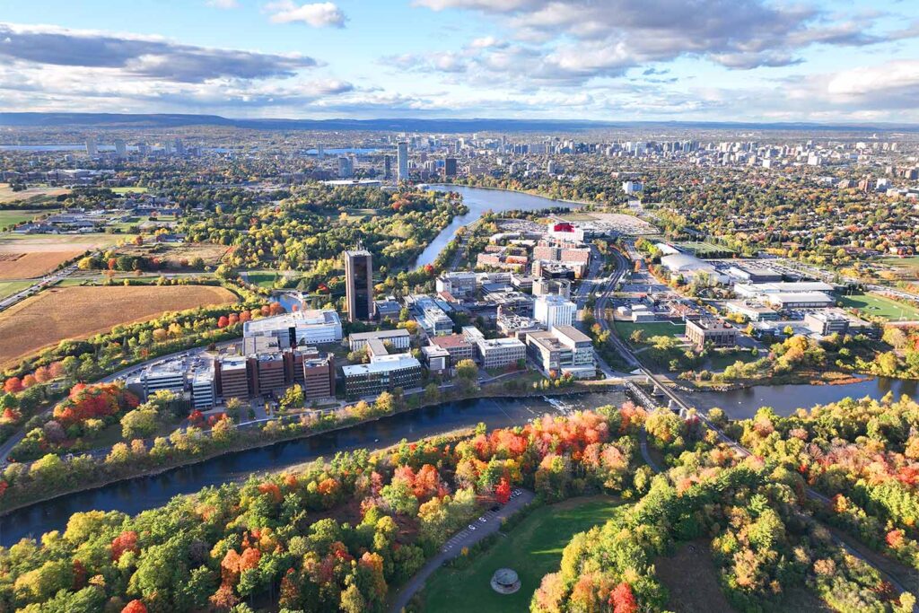 An aerial view of the Carleton University campus during the fall season.