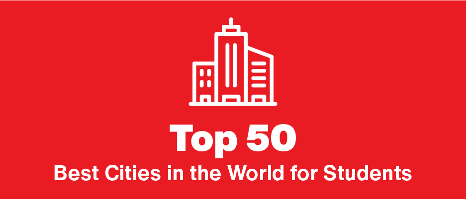 Red and white graphic which includes a icon of buildings and text: Top 50 Best Cities in the World for Students