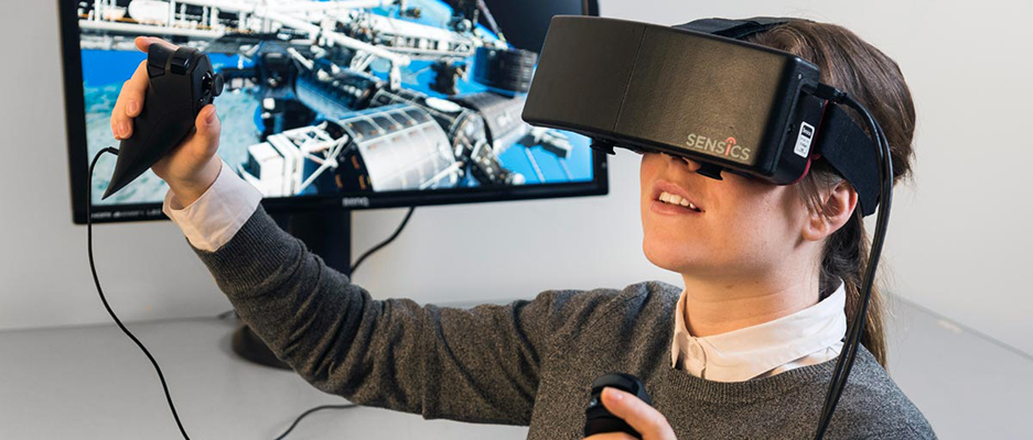 A young adult wearing a virtual reality headset
