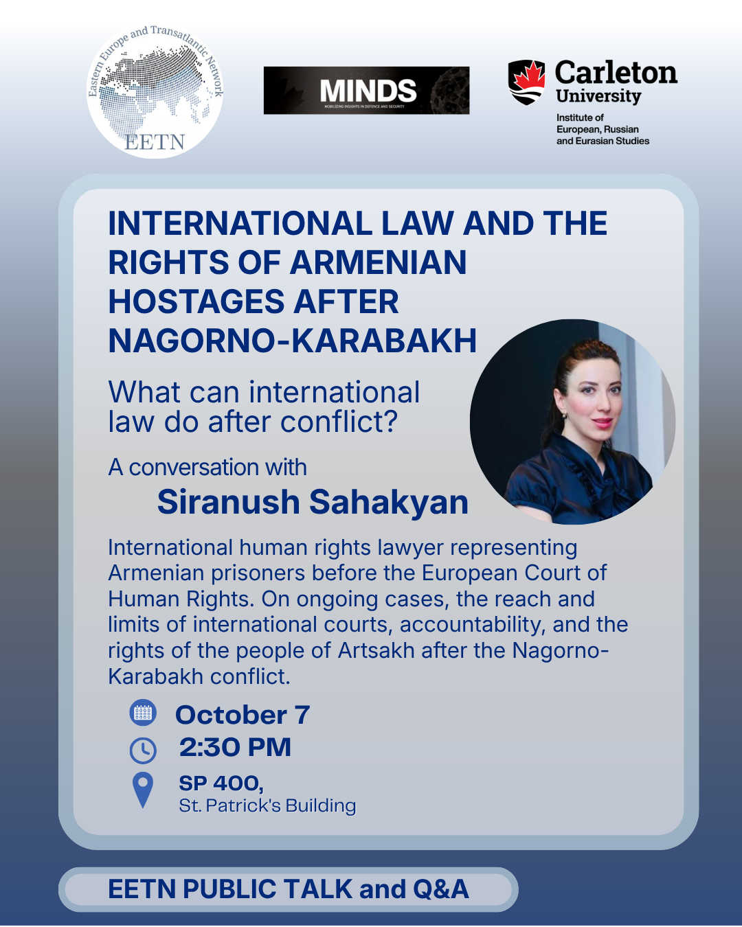 Event poster for an EETN public talk and Q&A titled 