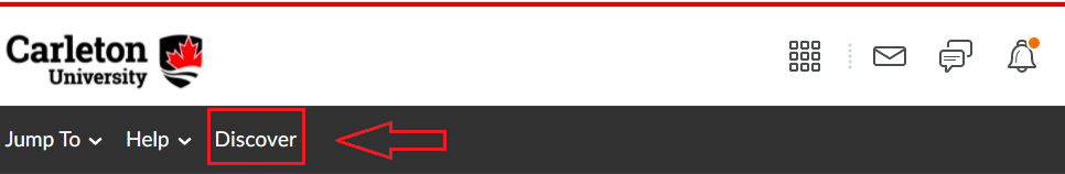 Website header image showing Carleton University navigation; ‘Discover’ is highlighted to indicate where to click.