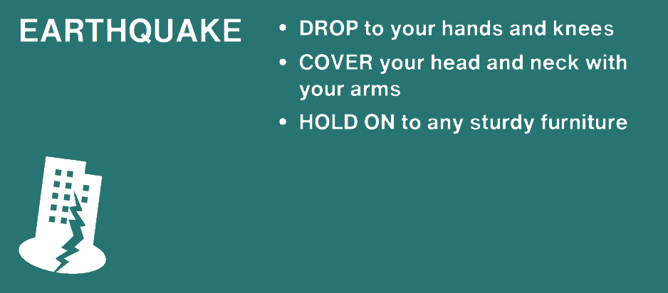 Teal background with white text providing immediate actions to take during an earthquake