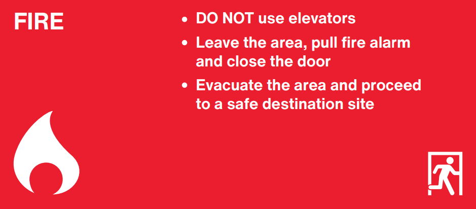 Red background with white text providing immediate actions to take during a fire incident