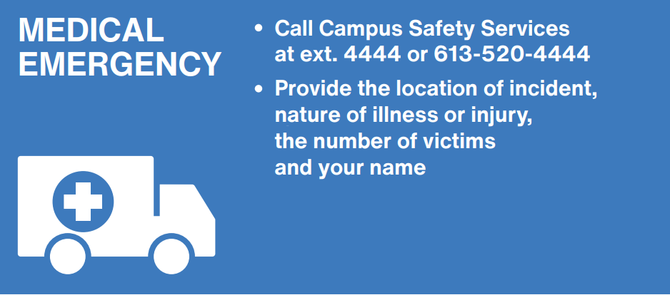 White text on blue background providing immediate actions to take during medical emergencies.