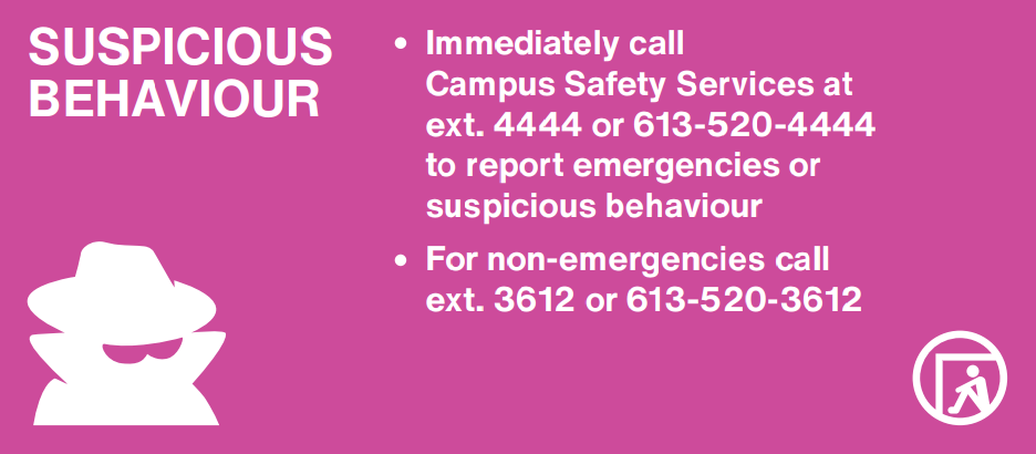 White text on pink background providing immediate actions when witnessing suspicious behaviour.