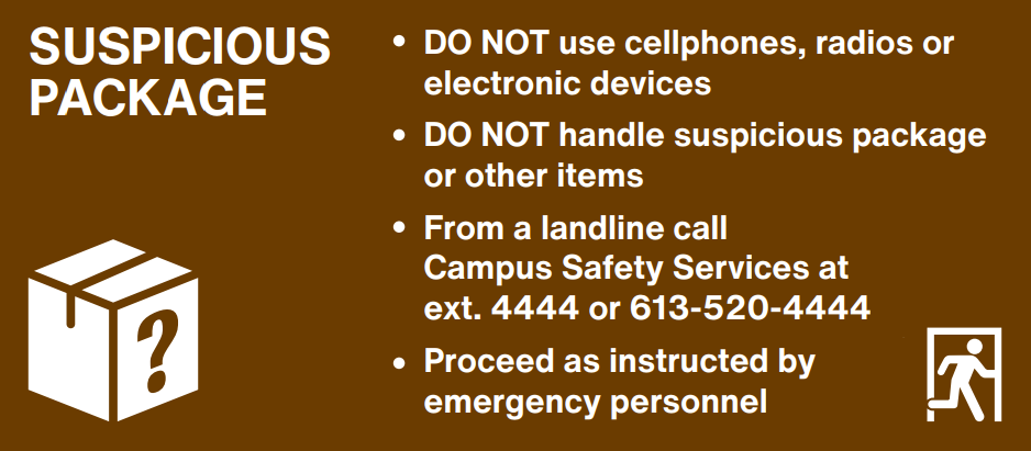 Brown background with white text providing immediate actions to take during suspicious package incidents