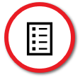 Circle with white background and red border with checklist icon in the center.