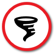 Circle with white background and red border with tornado icon in the center.