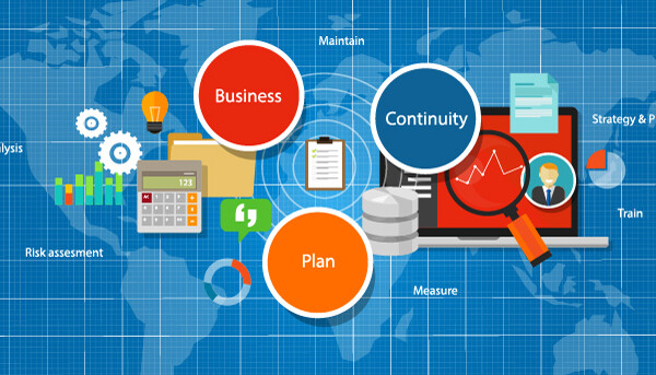 World map overlay on blue background with business continuity icons.