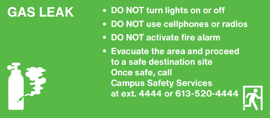 Green background with white text providing immediate actions to take during a gas leak