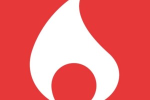 White flame icon on red background.