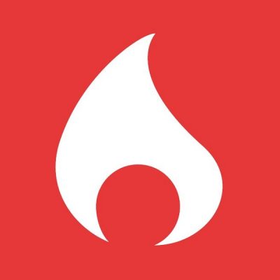 White flame icon on red background.