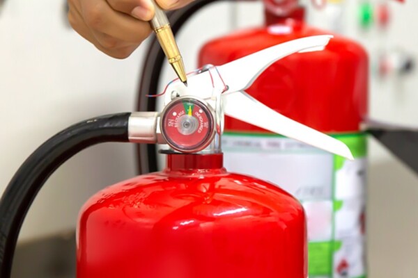 Individual pointing at fire extinguisher gauge with pen