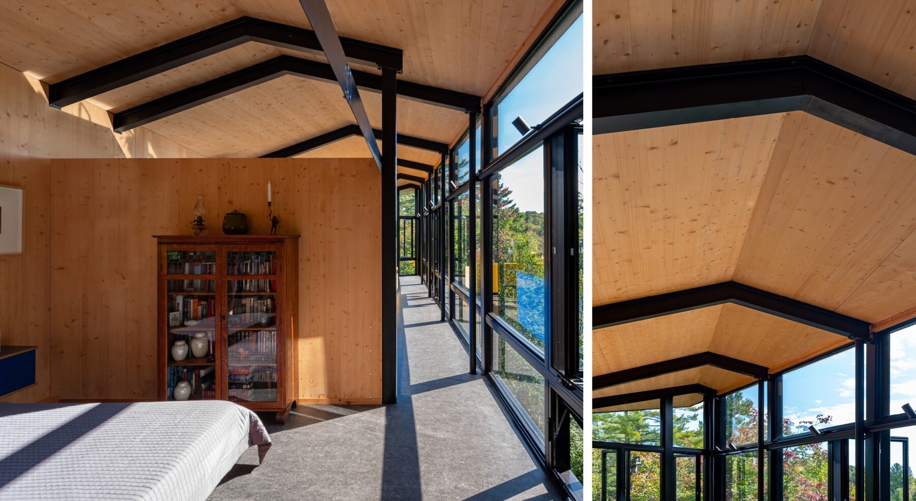 m.o.r.e. cabin interior - wooden beams and steel foundation
