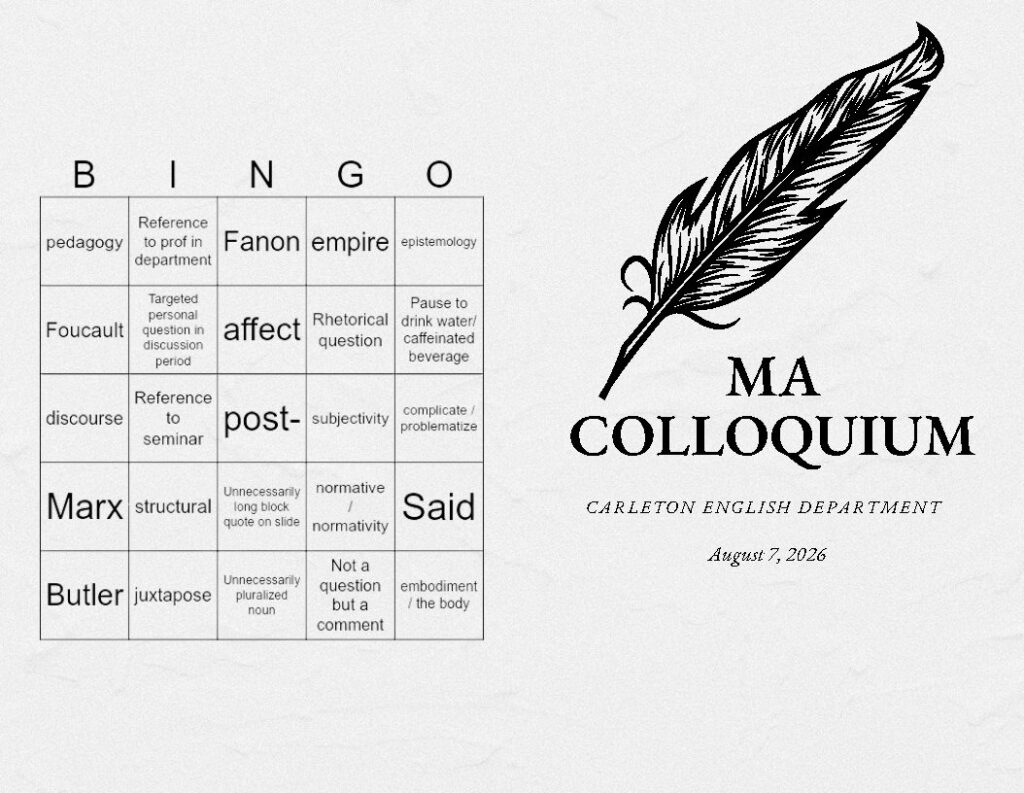 Event poster for the 2026 MA Colloquium featuring a bingo card
