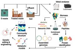 This image illustrates a workflow for sampling and characterizing microbial communities in habitats contaminated with e-waste