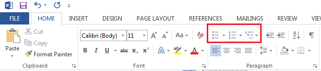 Screenshot from MS Word which shows how create an ordered or unordered list.