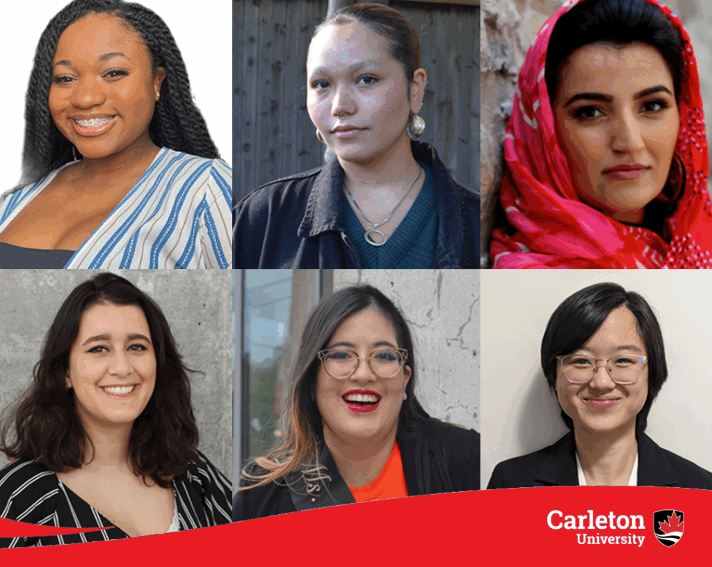 Six student headshots appear in a grid beside a red colour block that includes the Carleton University logo and the text “Carleton awards student funding for EDI research”. From left to right, top to bottom, the students are Lindsay Alcy, Felicity Hauwert, Maryam Sahar, Priya Van Oosterhout, Carolyn Simon and Samantha Wong