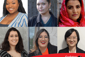 Six student headshots appear in a grid beside a red colour block that includes the Carleton University logo and the text “Carleton awards student funding for EDI research”. From left to right, top to bottom, the students are Lindsay Alcy, Felicity Hauwert, Maryam Sahar, Priya Van Oosterhout, Carolyn Simon and Samantha Wong