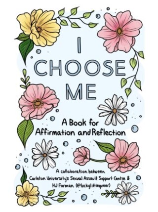 The book cover with flowers in yellow, pink and white with greenery and the book title and creator's name. 