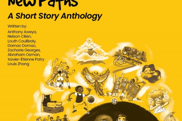 Yellow background, title of the book & black and white illustrations of people playing sports, angels, a person reading.
