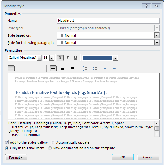 Screenshot from MS Word which shows how to modify header styles
