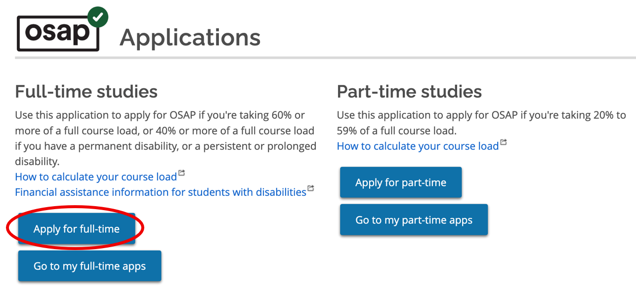 Screenshot from OSAP applications page. A button under Full-time studies is circled and reads "Apply for full-time".