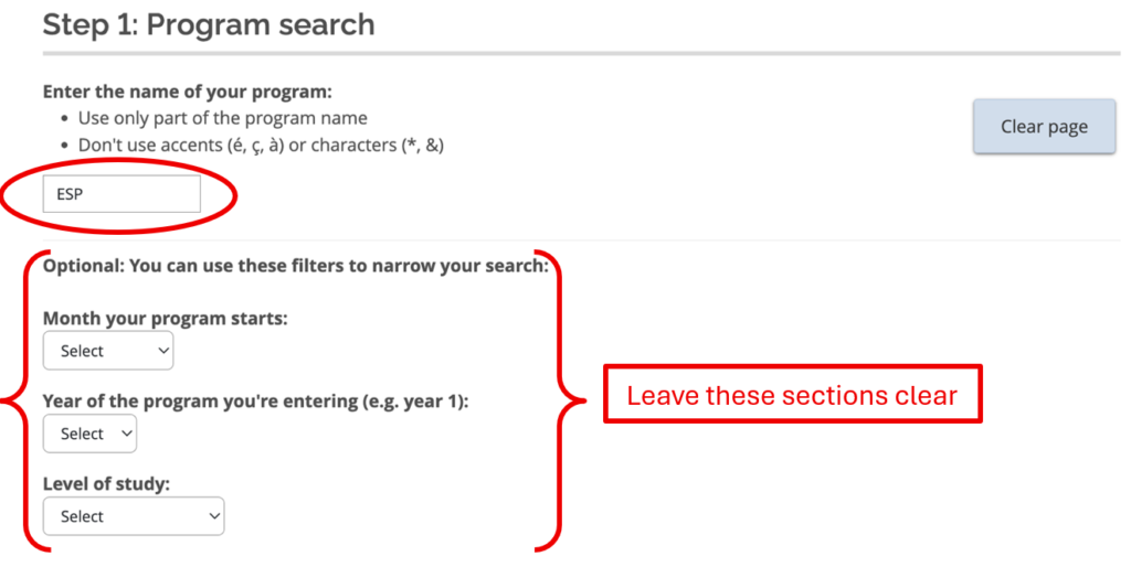 Screenshot from OSAP application. Program name: ESP. Following 3 boxes are left blank.