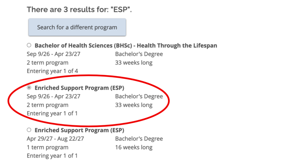Screenshot from OSAP application shows "Enriched Support Program (ESP) 2 term program starting in Sep being selected. 