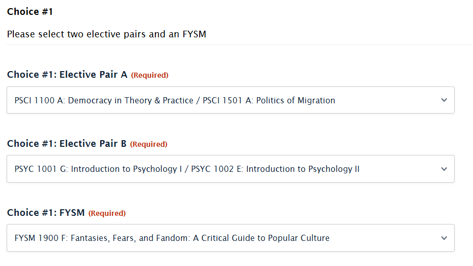 Example of course selection form. Political science 1001/1002, Psychology 1001/1002 & First Year Seminar F selected.