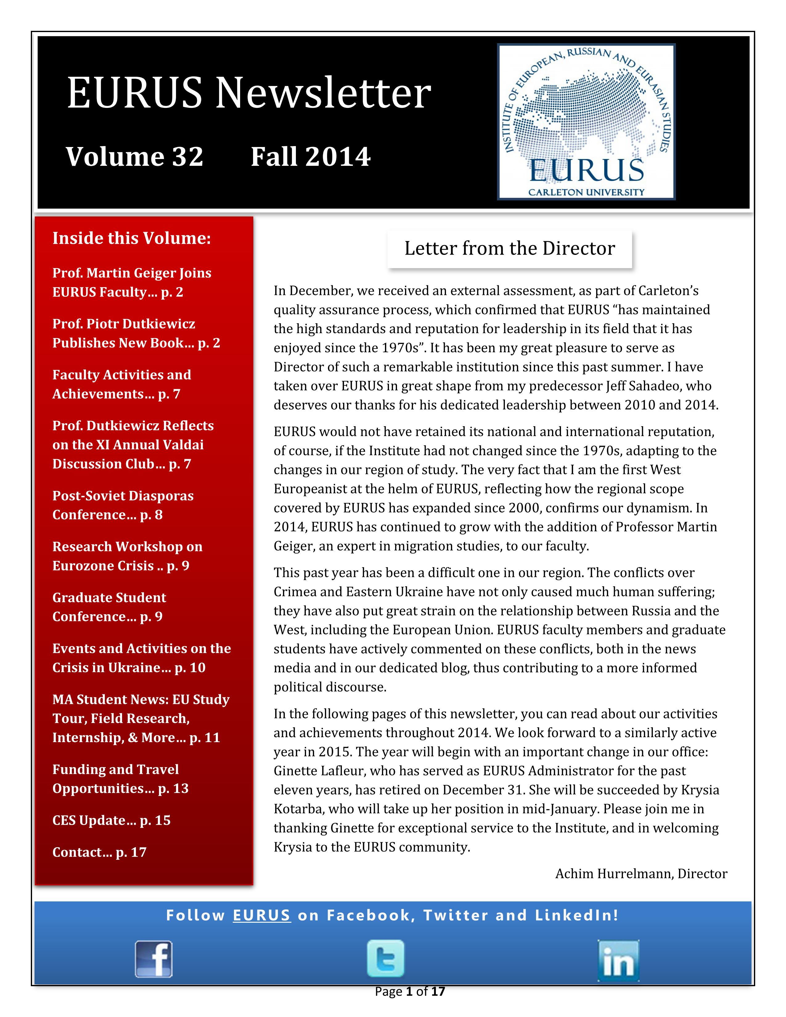 Fall 2014 EURUS Newsletter Institute of European, Russian and