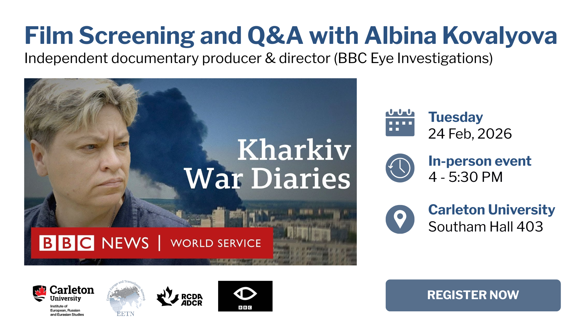 poster for event with title, date, location, picture of Kharkiv, logos