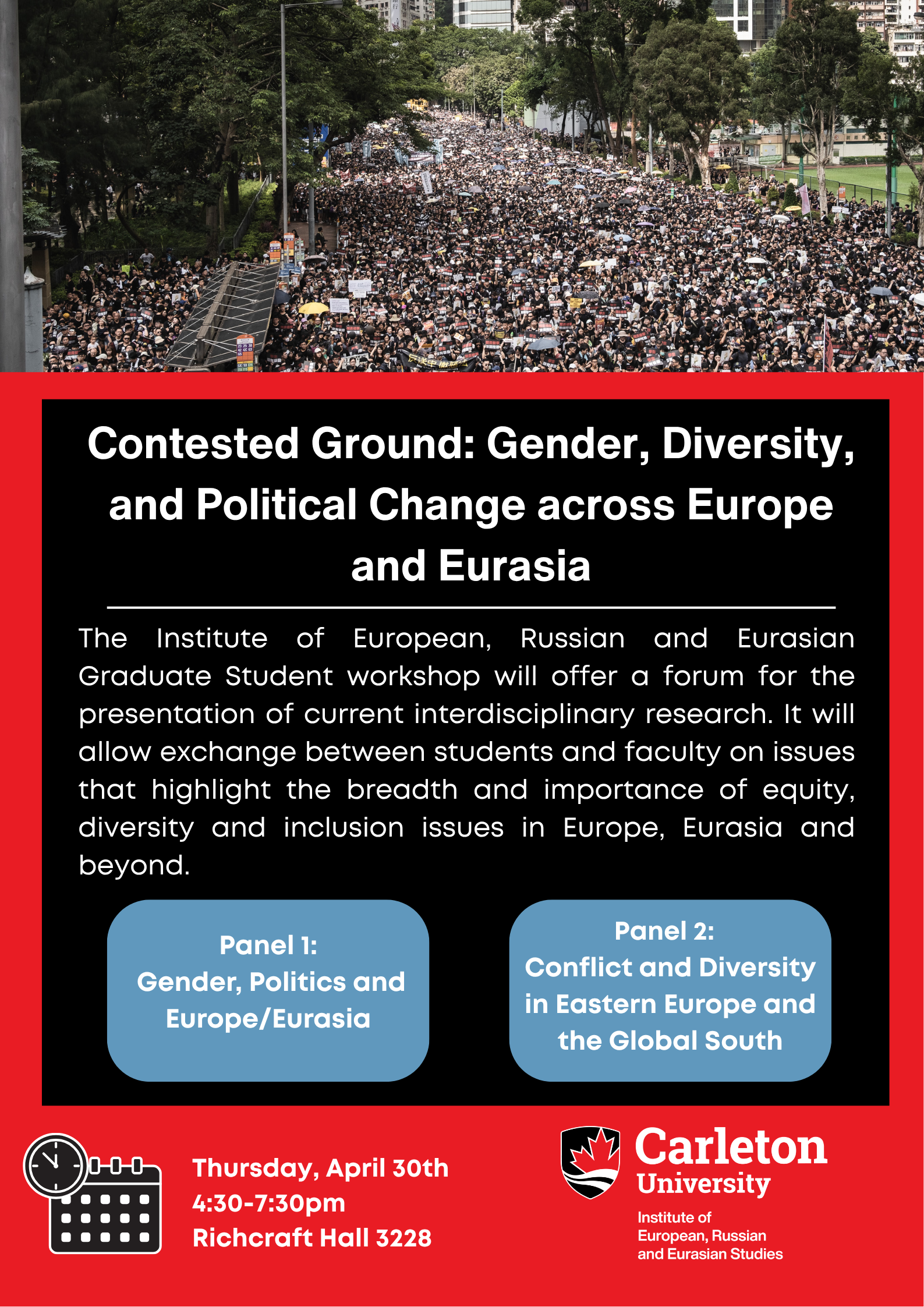 event poster with the event info and photo of people protesting