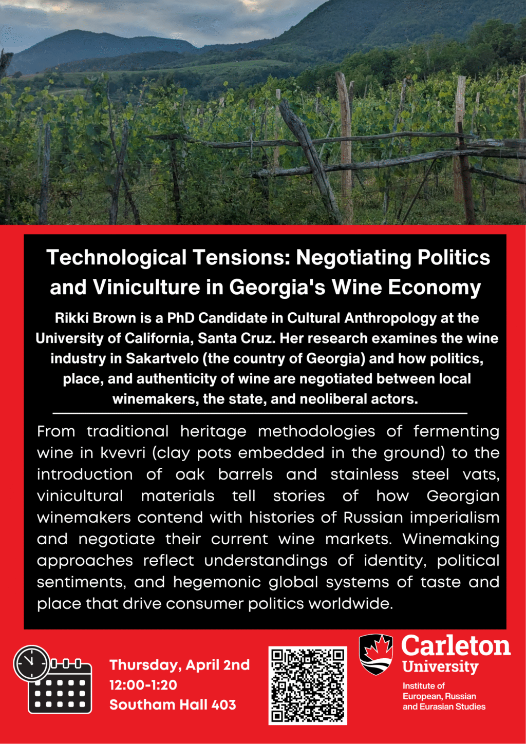Poster for event containing event info, image of winery in Georgia and mountain range, QR code and EURUS logo