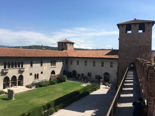 Interior courtyard view with a grassy garden surrounded by shrubs.