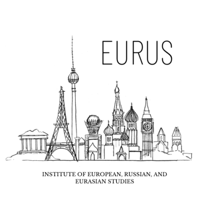 EURUS logo with iconic buildings from Europe and Eurasian in background. 
