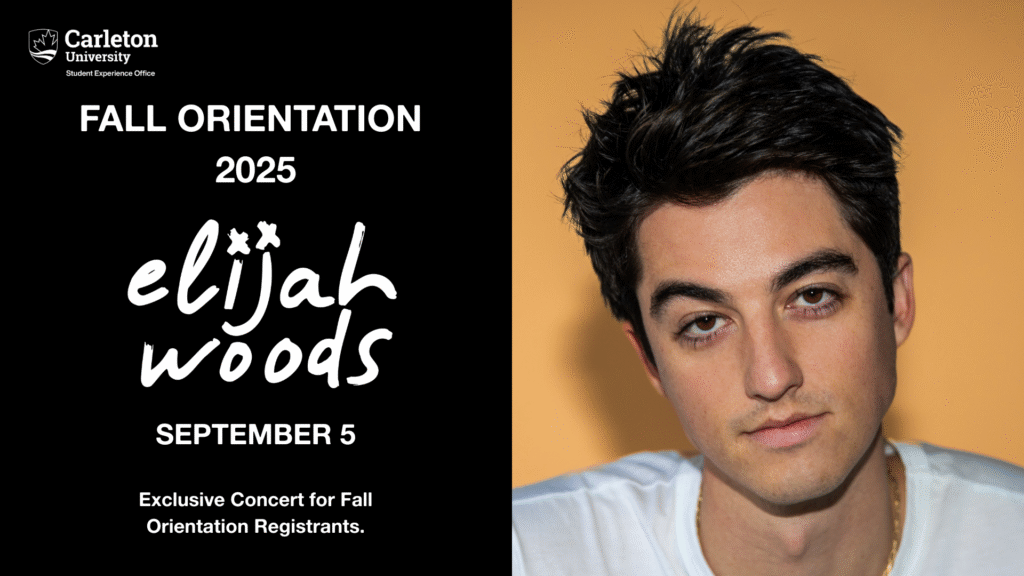 Headshot of Elijah Woods. Text that reads "Exclusive concert for Fall Orientation Registrants."