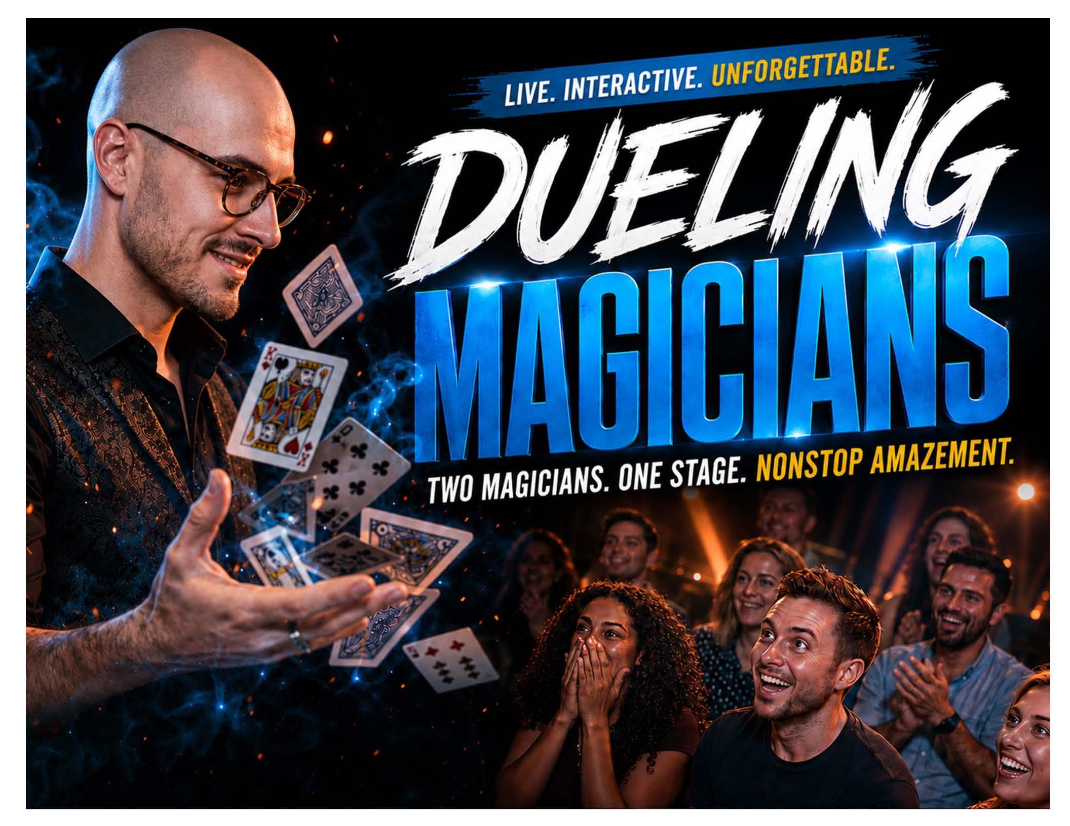 Magician with playing cards in their hands. Text that reads