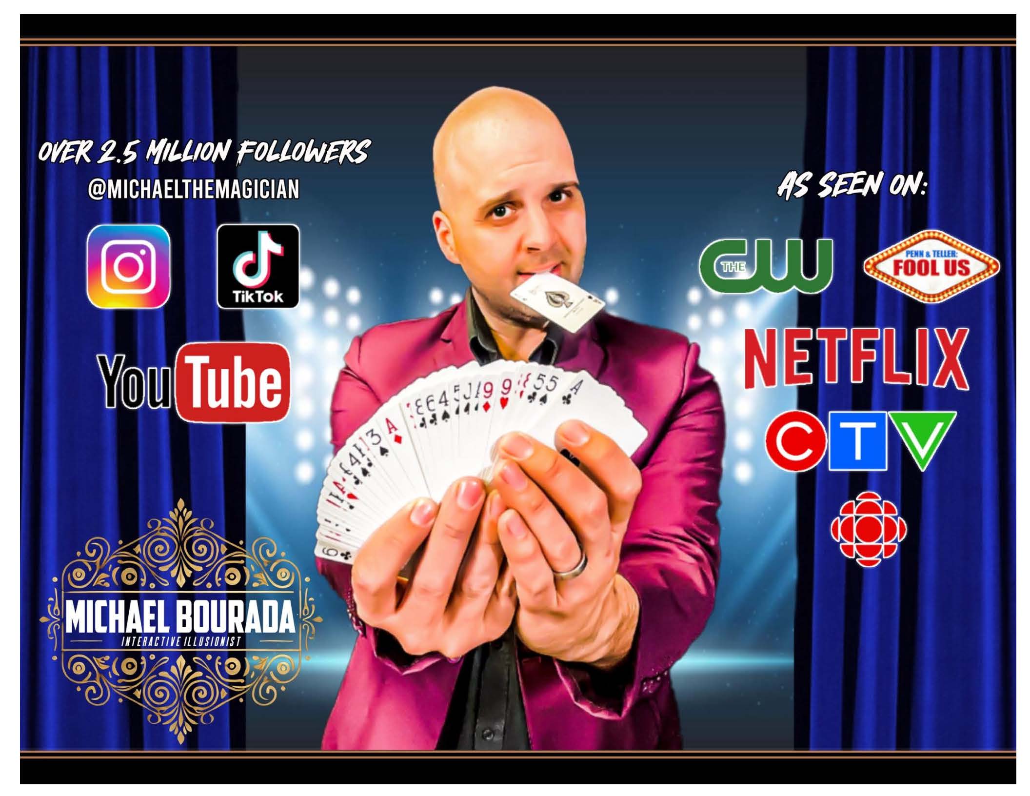 Magician holding a hand full of playing cards with one held in their mouth as well.