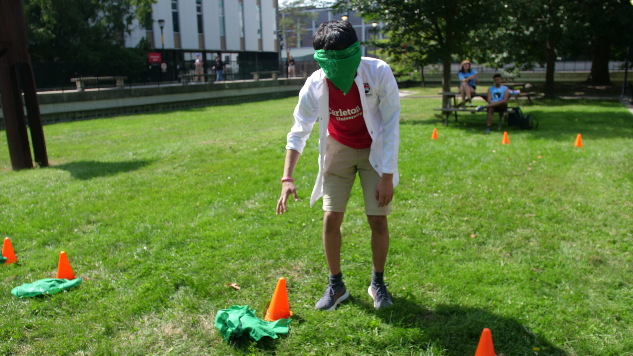 Student wearing a blindfold.