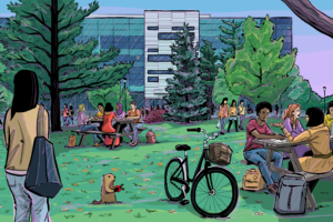 Recognizing the value of nature and community connection for personal well-being, Carleton's campus offers a plethora of outdoor gathering spaces. On sunny days, you'll find Arts and Social Sciences students at picnic tables outside the library or walking alongside the Rideau Canal and Rideau River. Illustration of Carleton's quad by Colin White.