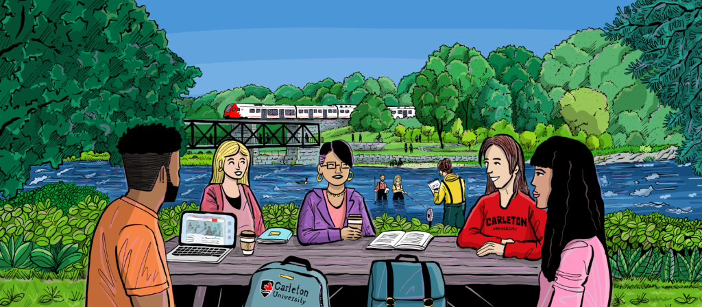 Colin River Scene, an illustration of diverse people sitting at a picnic table with OC Transpo bridge behind them