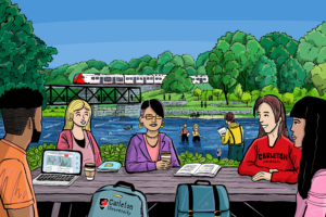 Colin River Scene, an illustration of diverse people sitting at a picnic table with OC Transpo bridge behind them