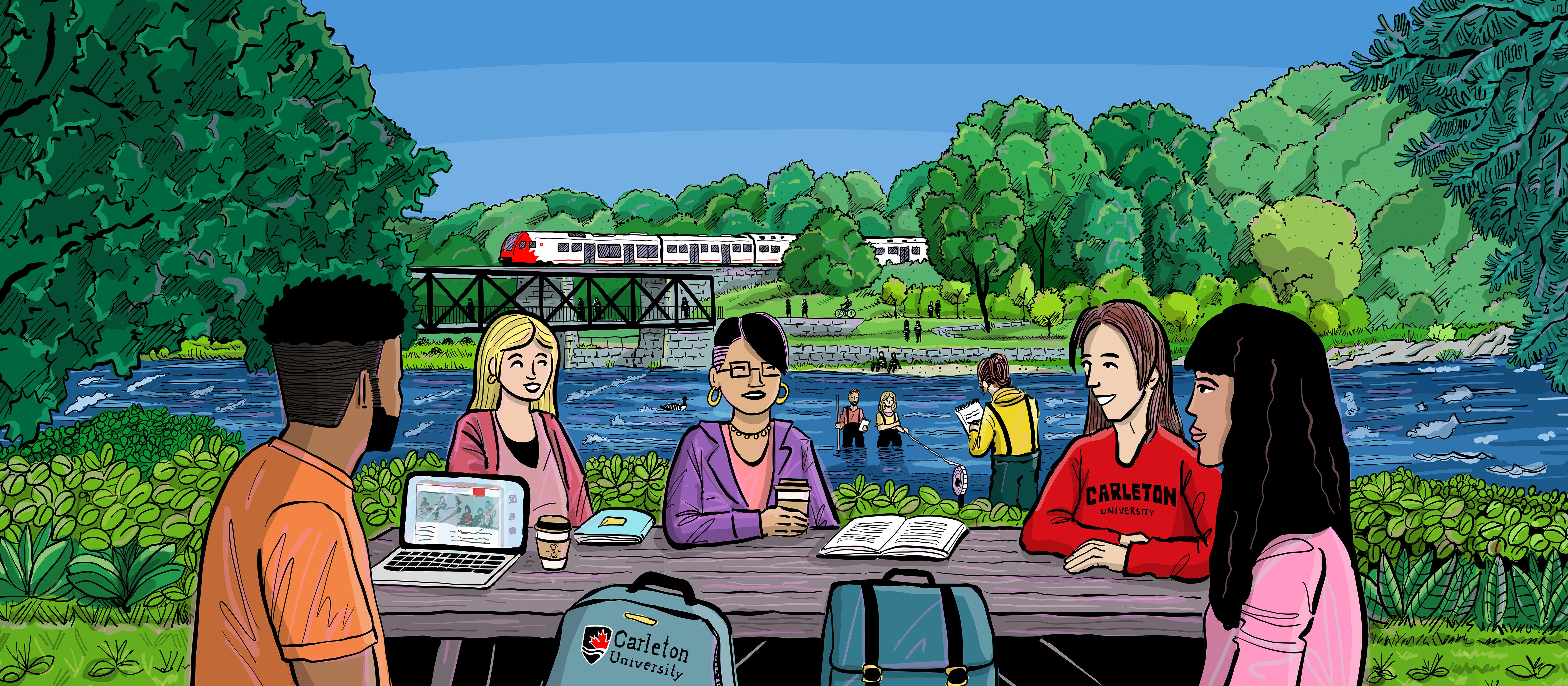 Colin River Scene, an illustration of diverse people sitting at a picnic table with OC Transpo bridge behind them