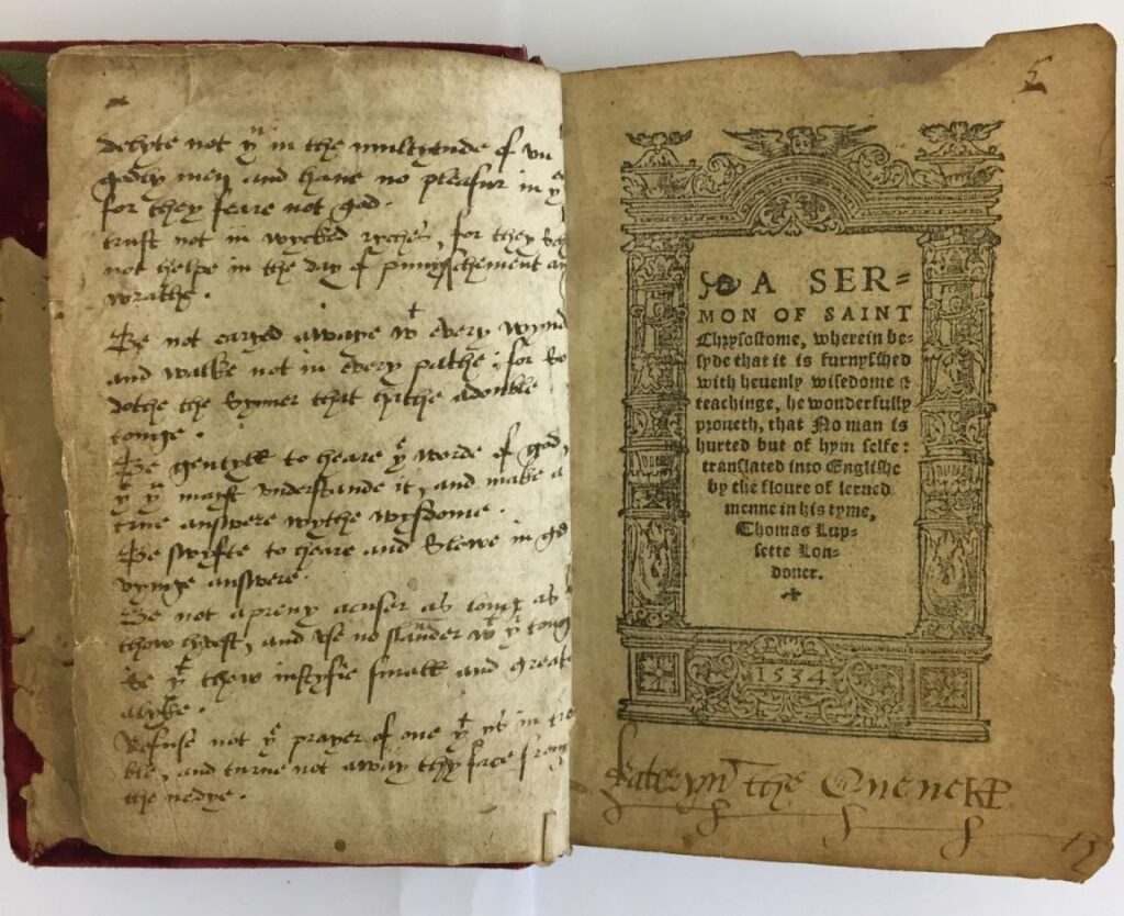 Katherine Parr’s handwriting and signature in a copy of A Sermon of Saint Chrysostom (1542). 